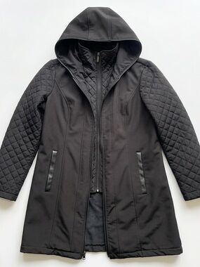 Michael Kors Large Black Double Zip Quilted Softshell Hooded Coat Fleece